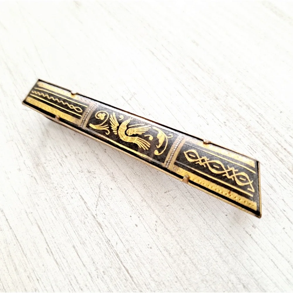 Vintage Tie Bar Damascene Bird Gold-Tone Black Rectangular Geometric Design